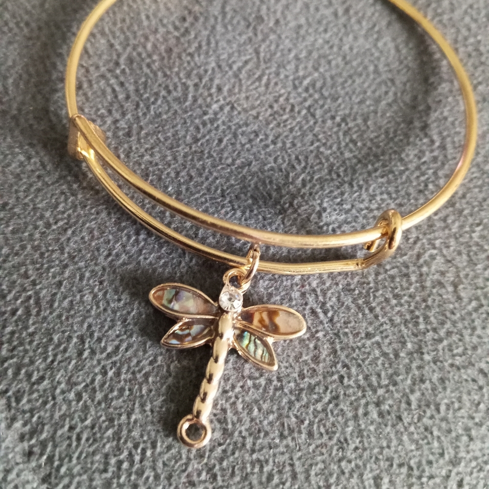 Hand Crafted Gold plated bangle bracelet ABALONE shell mother of pearl dragonfly